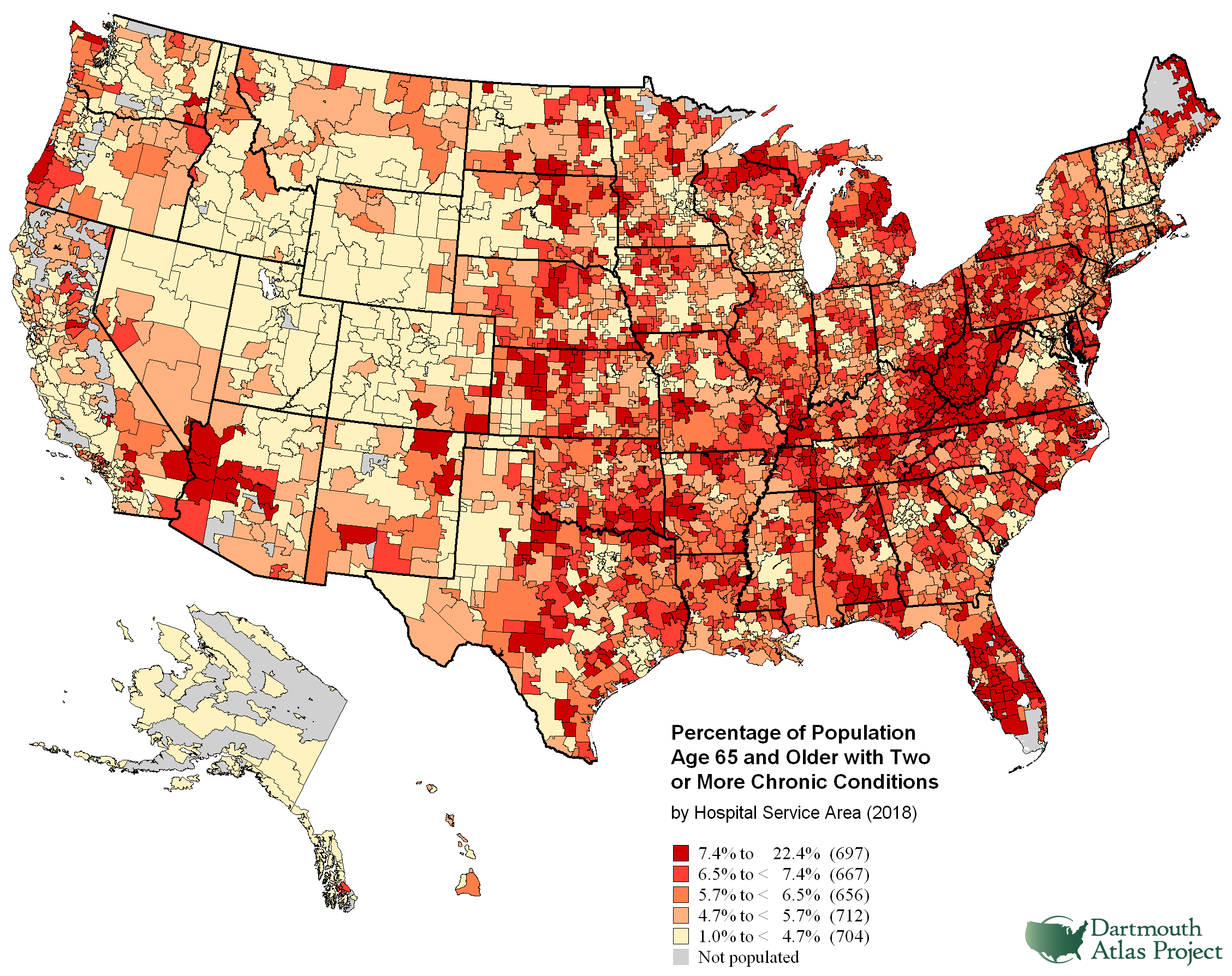 MAP - Percentage of Population Age 65 and Older with Two or More Chronic Conditions, by Hospital Service Area (2018)